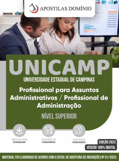 Apostila Apostila UNICAMP 2023 - Profissional para Assuntos Administrativos / Profissional de Administração