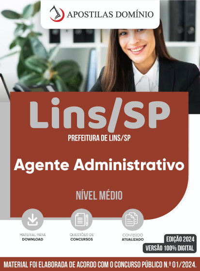 Apostila Apostila Prefeitura de Lins/SP 2024 - Agente Administrativo